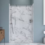 3D Render of marble shower in a bathroom with blue walls