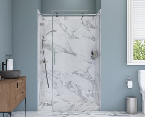 3D Render of marble shower in a bathroom with blue walls