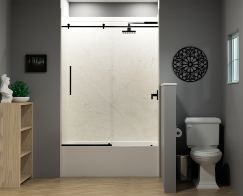 3D Render of white shower in a bathroom with grey walls