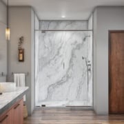 Front view of 3d rendered shower using Flexstone's White Pearl