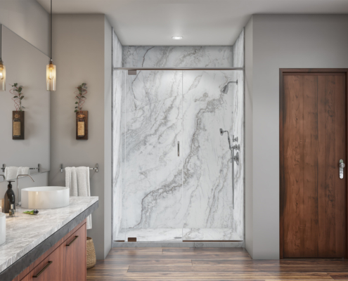 Front view of 3d rendered shower using Flexstone's White Pearl