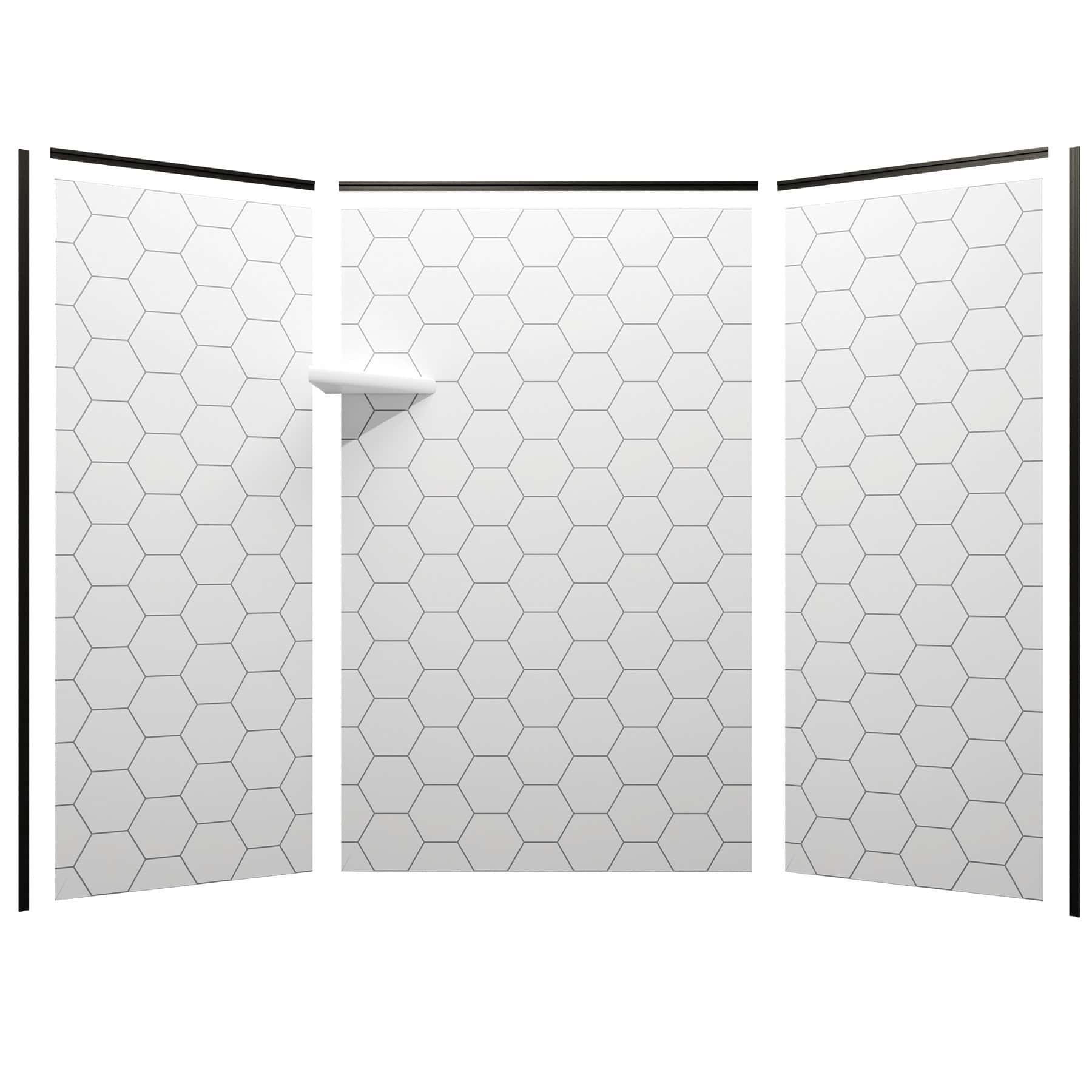 Shower with FlexStyle black trim, hexagon tile