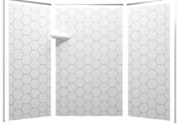 3d model of shower walls with FlexStyle nickel trim, hexagon tile