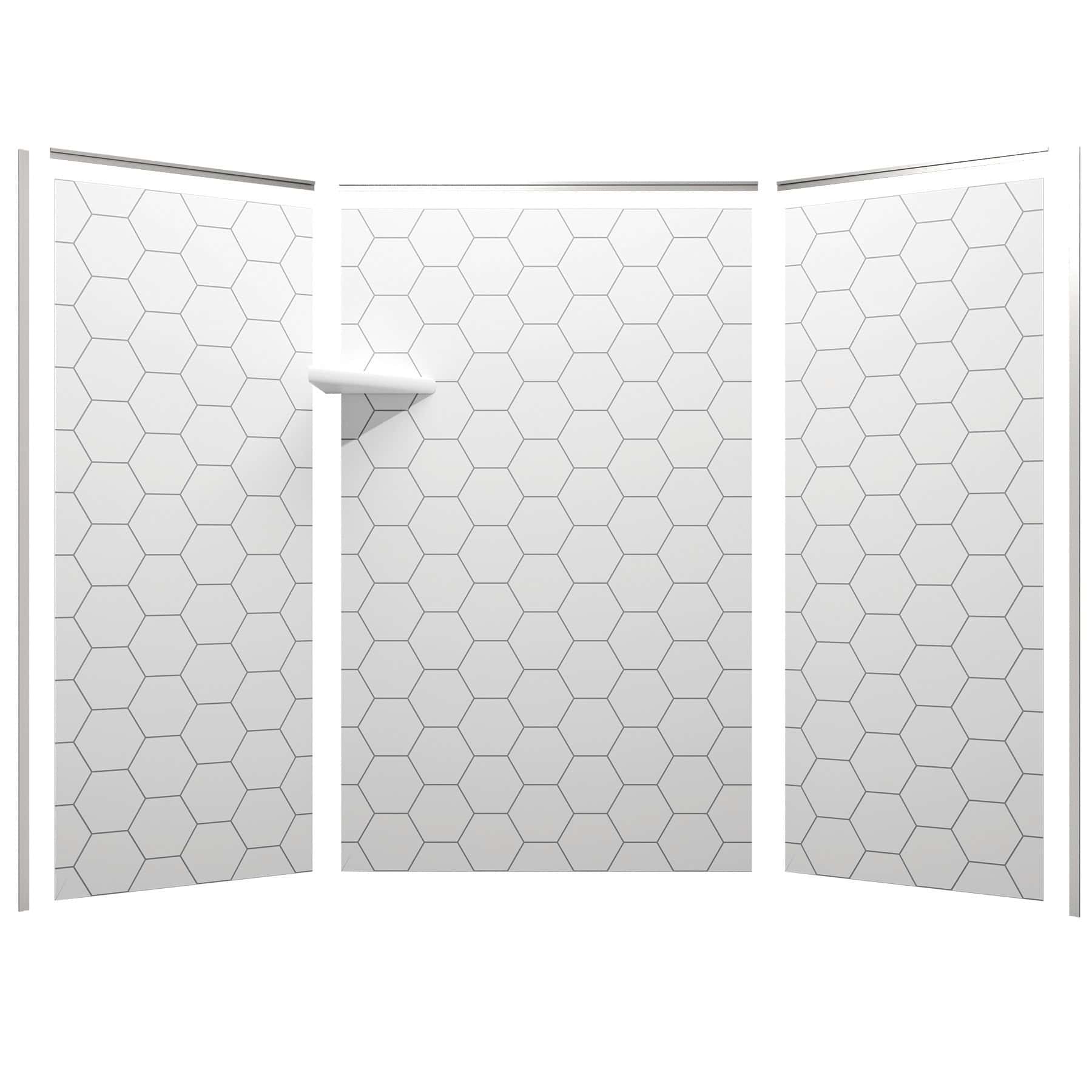 3d model of shower walls with FlexStyle nickel trim, hexagon tile