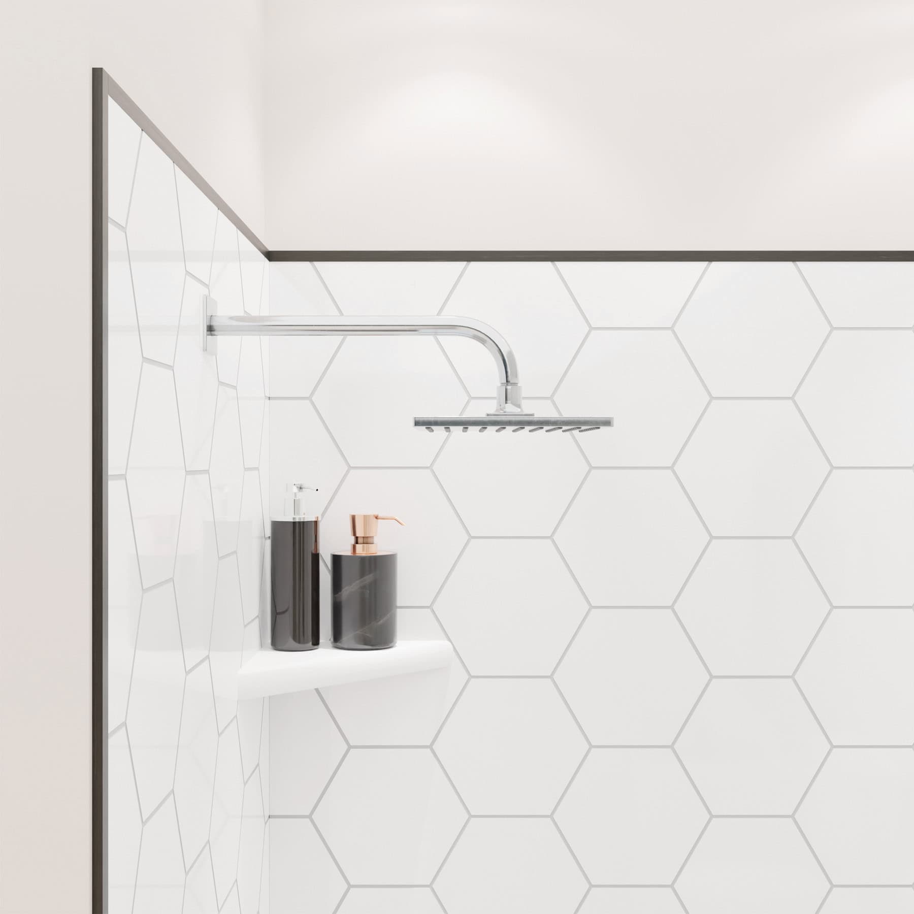 Close up of shower with FlexStyle black trim, hexagon tile