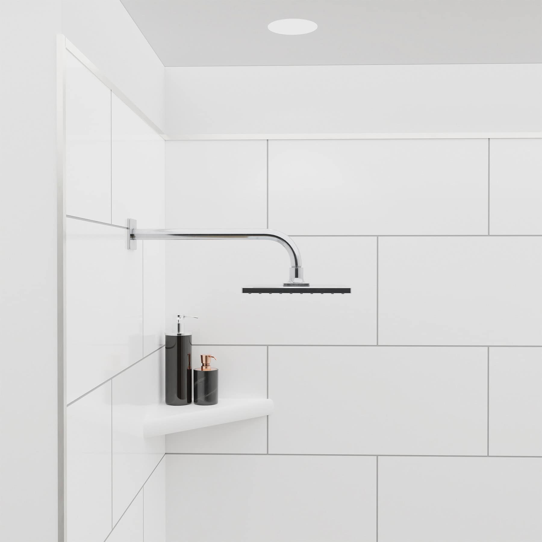 Close up of shower with FlexStyle nickel trim, block tile