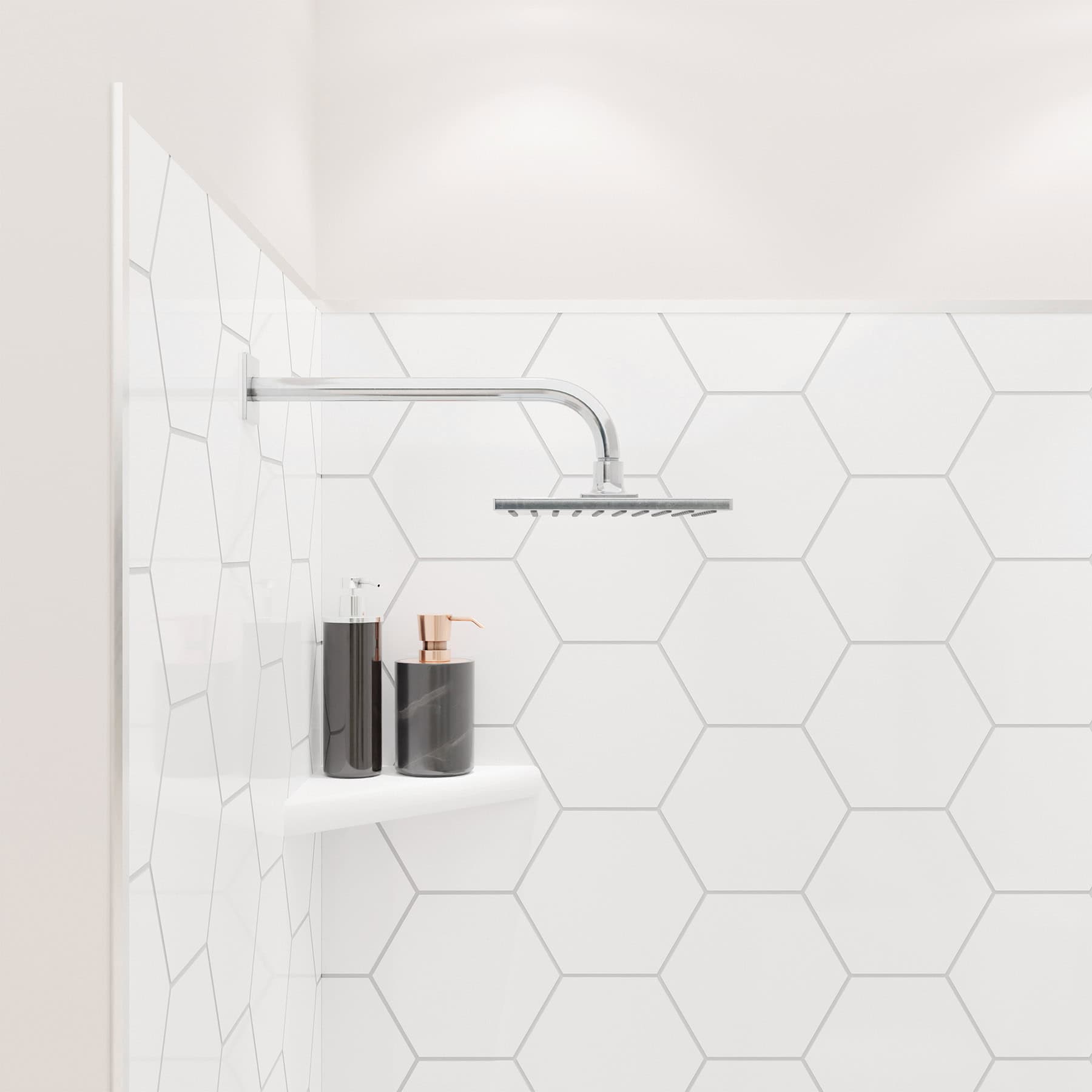 Close up of shower with FlexStyle nickel trim, hexagon tile