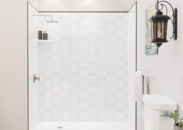 Shower with FlexStyle black trim, hexagon tile