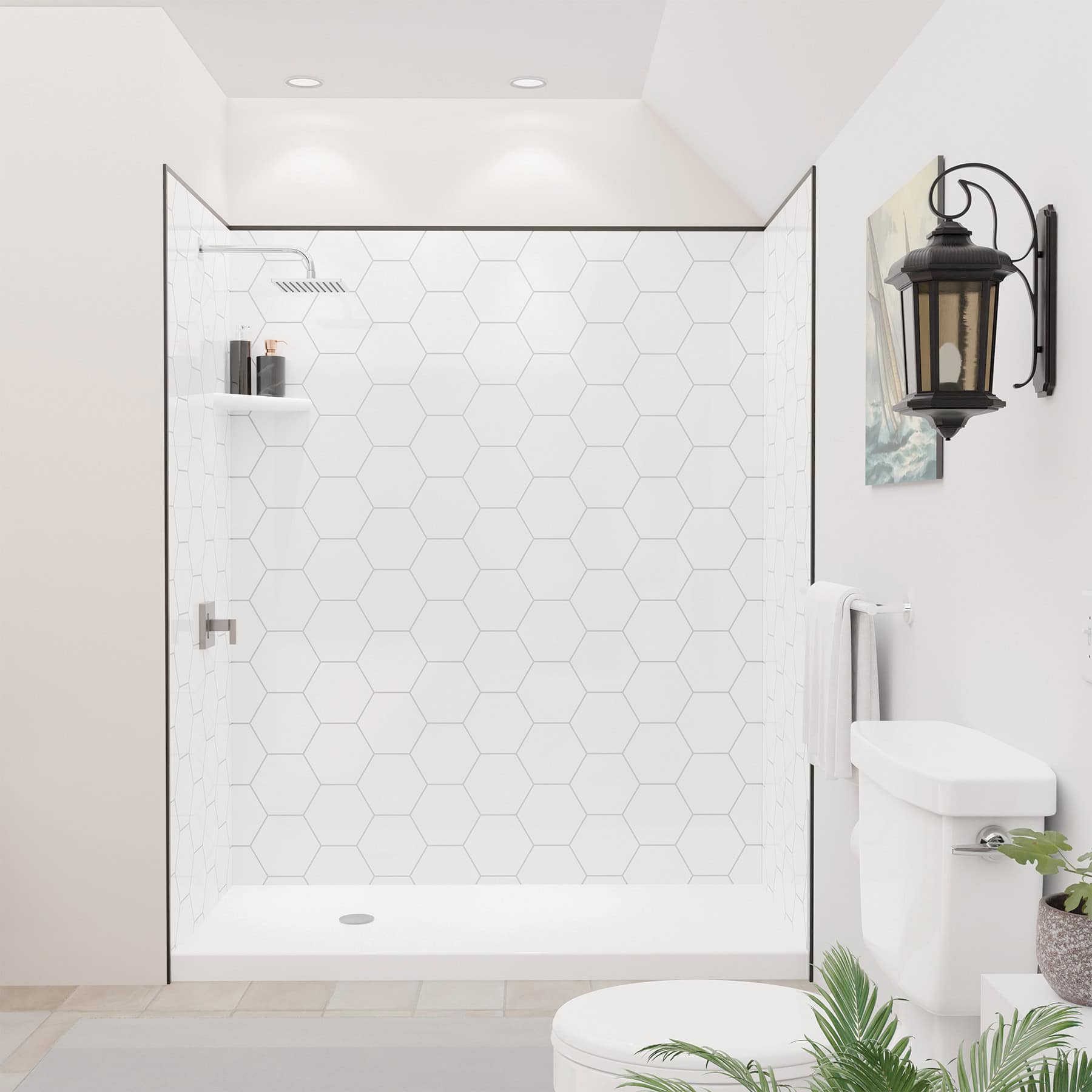 Shower with FlexStyle black trim, hexagon tile