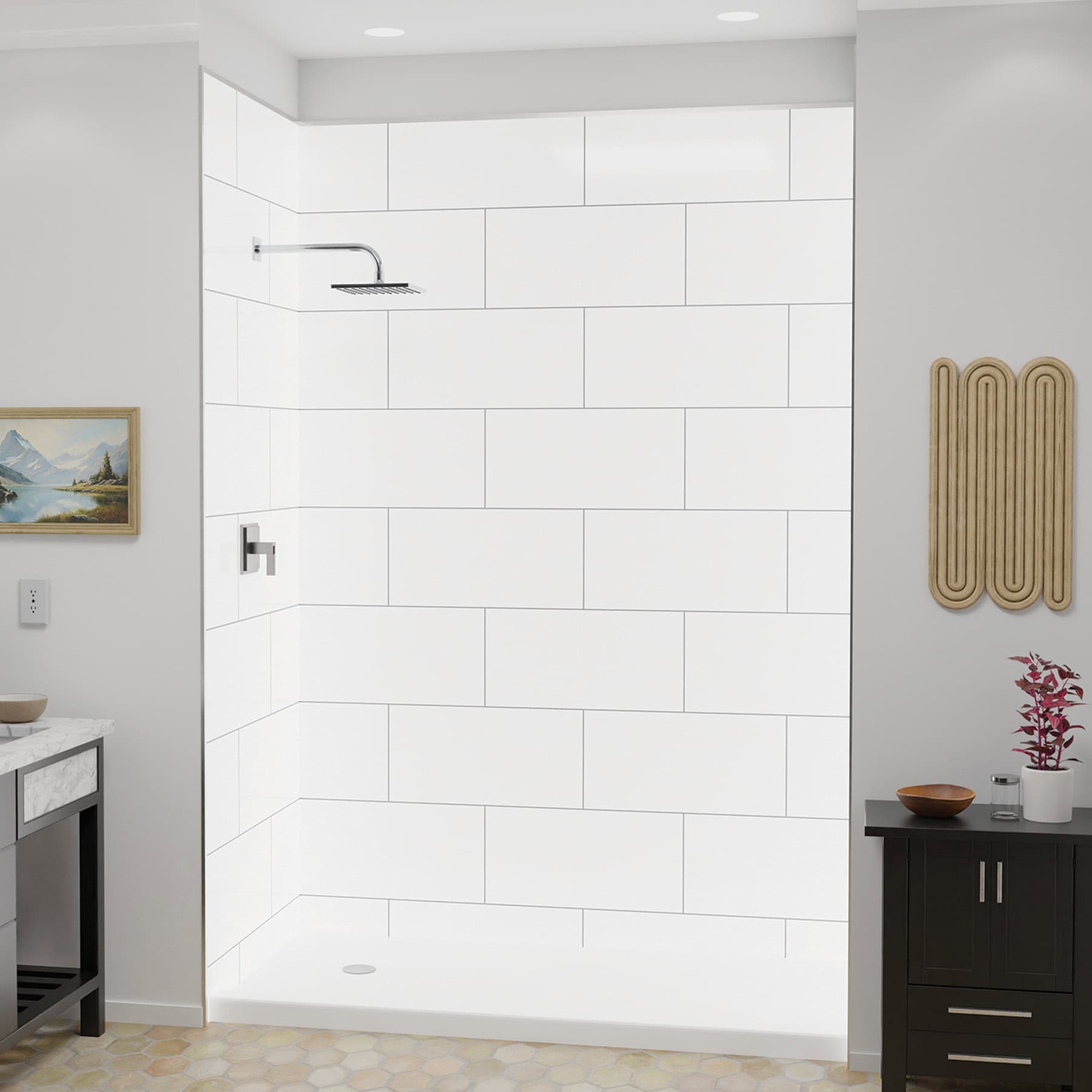 Shower with FlexStyle nickel trim, block tile