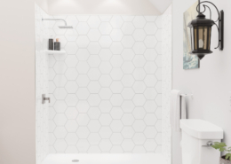 Shower with FlexStyle nickel trim, hexagon tile