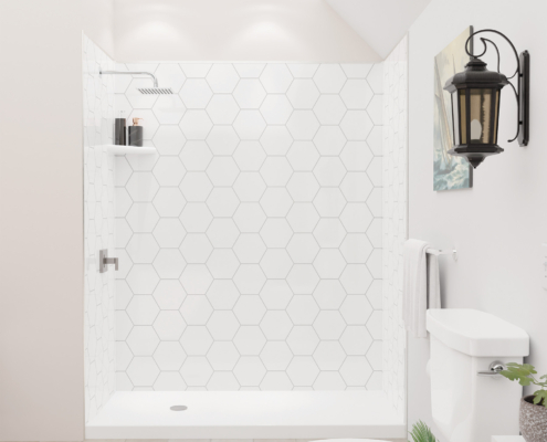 Shower with FlexStyle nickel trim, hexagon tile