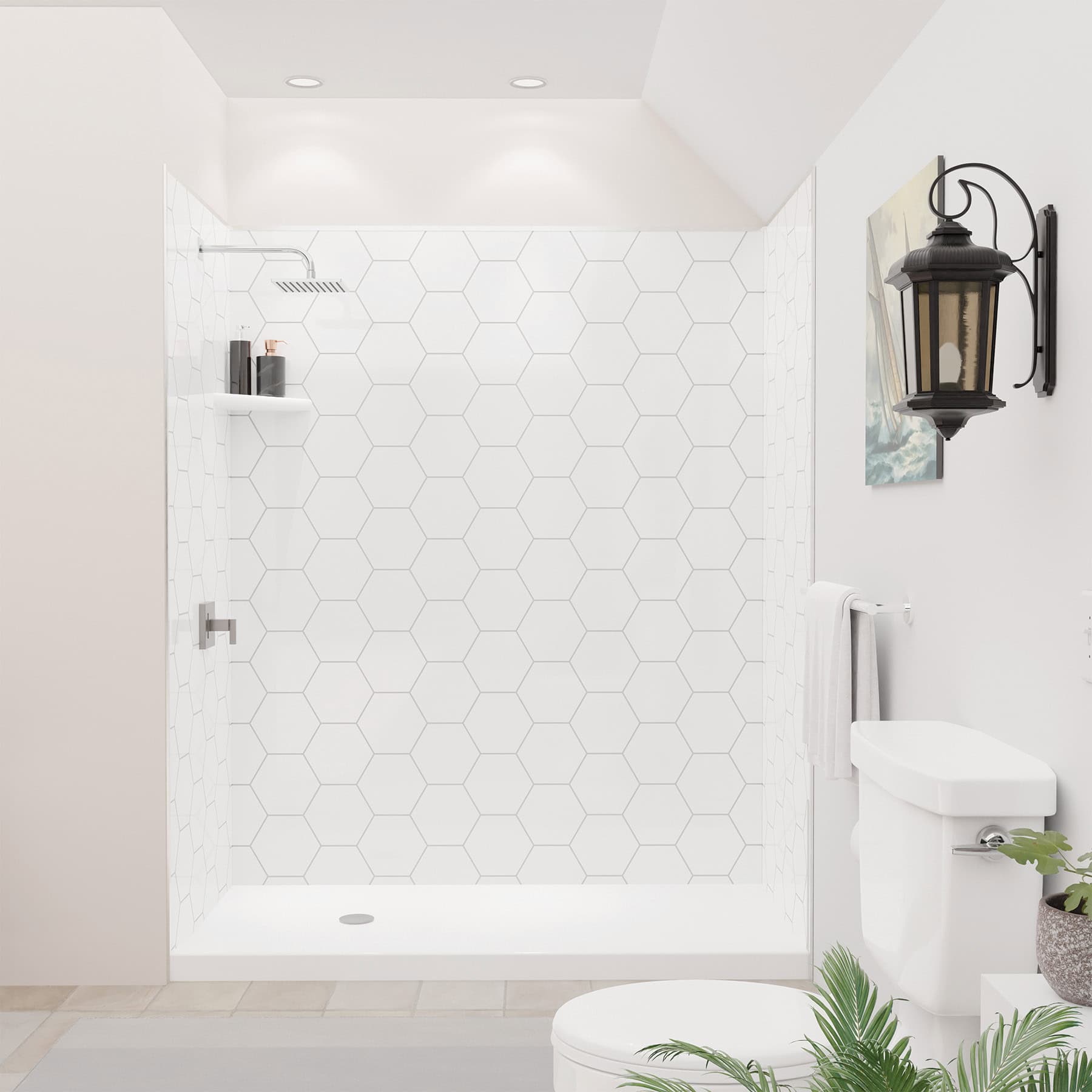 Shower with FlexStyle nickel trim, hexagon tile